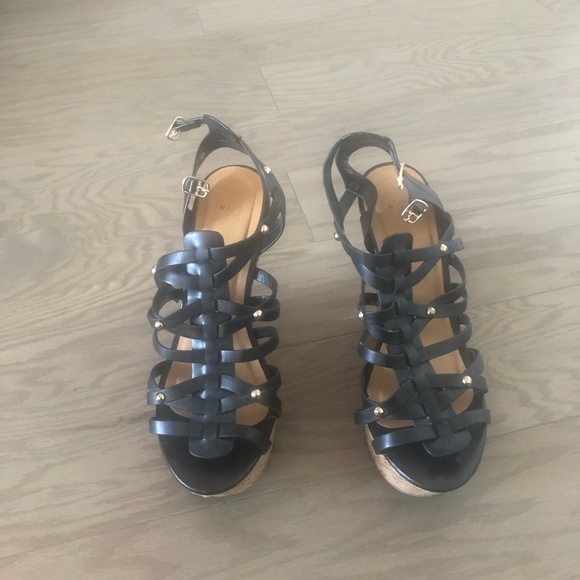 Black Gladiator Cork Wedge Sandal - Picture 2 of 6